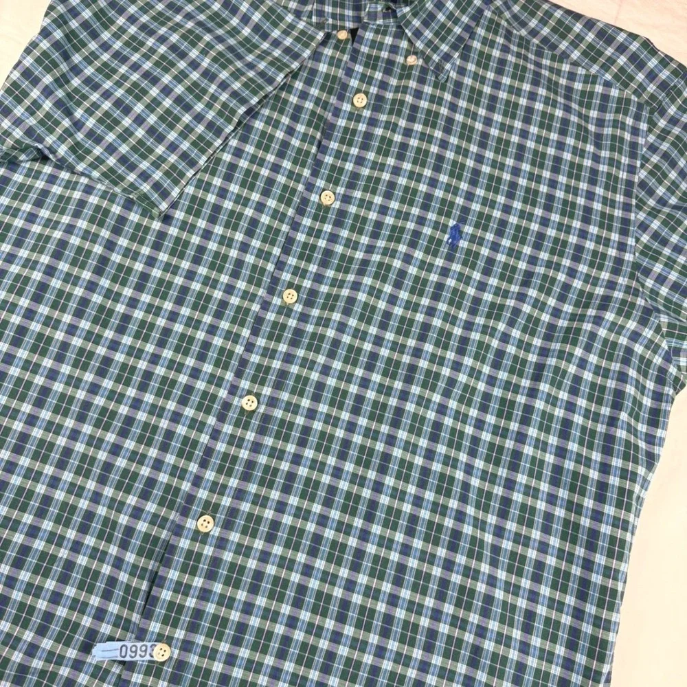 Ralph Lauren Blake Shirt Mens M‎ Green Blue Plaid Short Sleeve Cotton Pony EUC